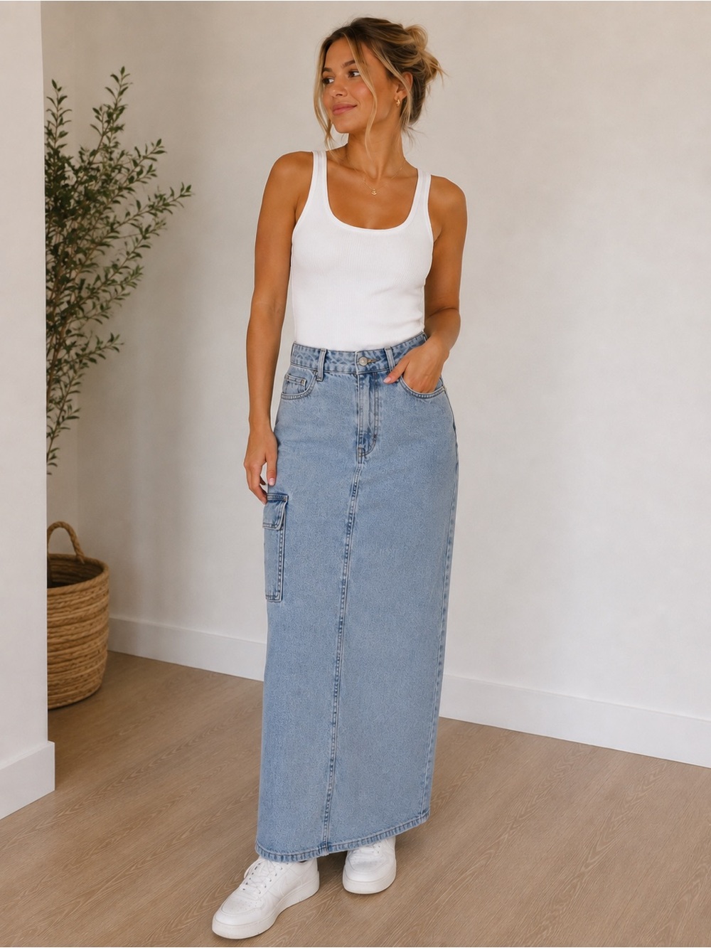 Polly Princess Y2K Denim Cargo Maxi Skirt Light Wash 2